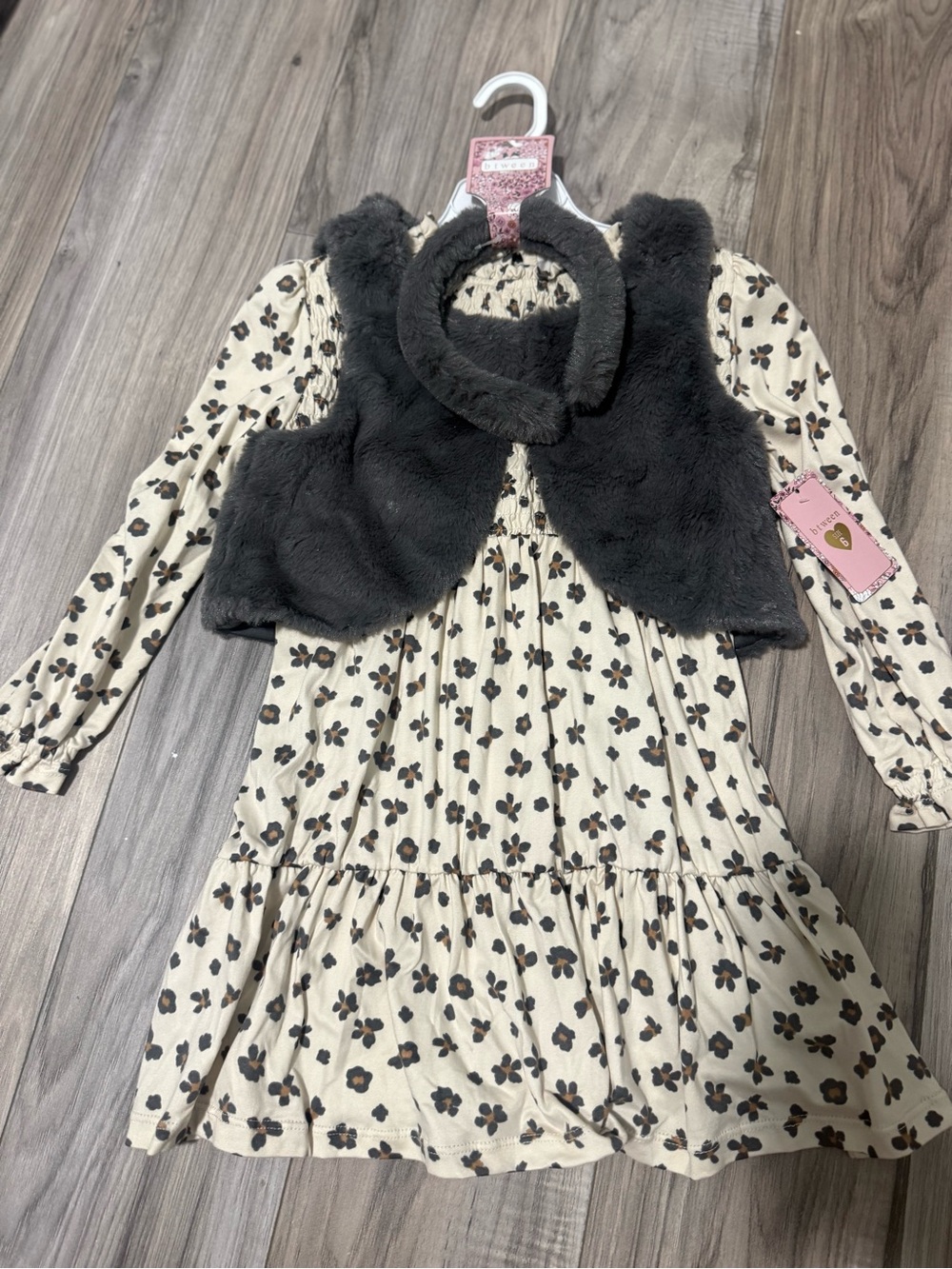 btween Cream Floral Dress with Black Faux Fur Vest and Headband